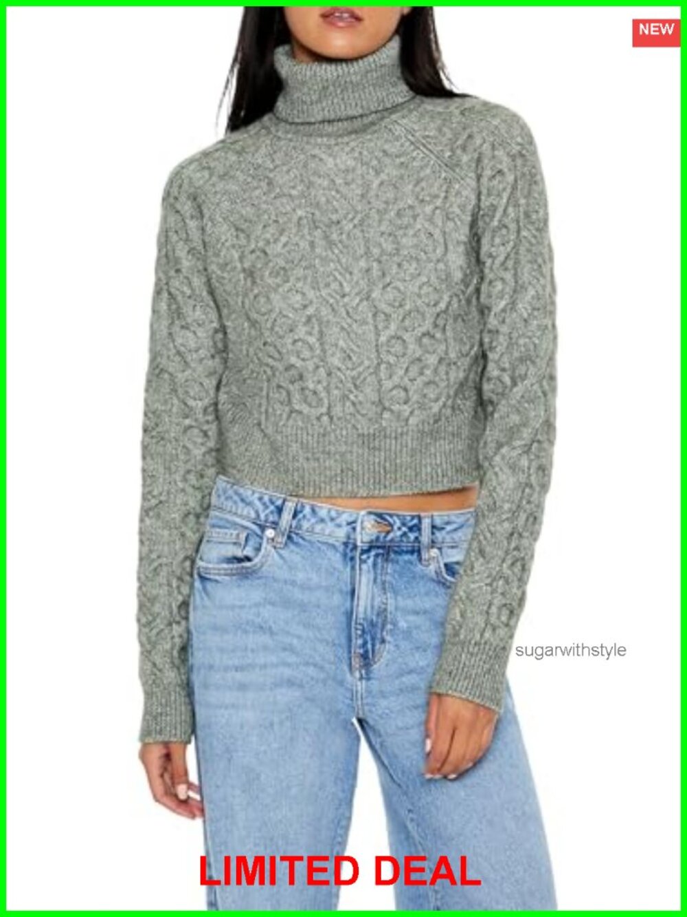 Cropped Cable Knit Turtleneck Sweater Slim Fit Long Sleeve